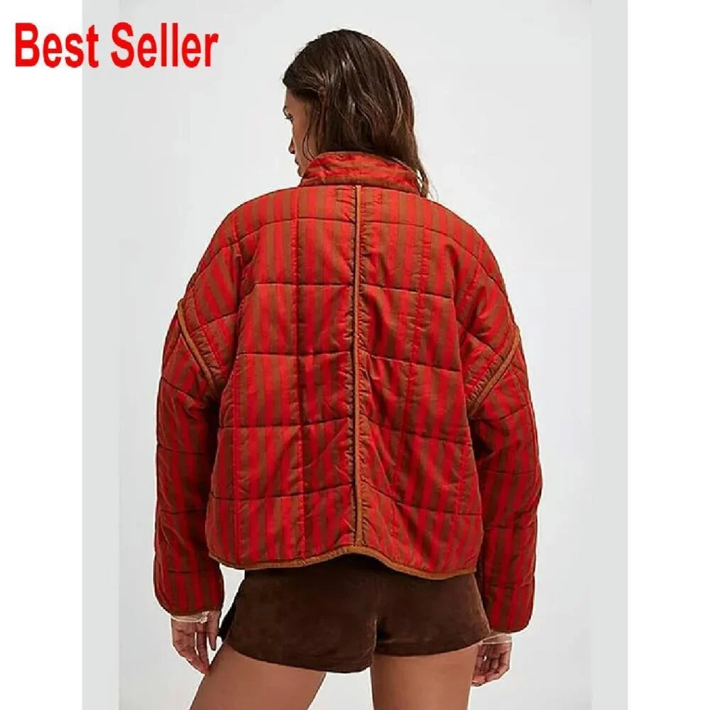 Cropped Floral Puffer Jacket Lightweight Quilted Coat Open Front Long Sleeve